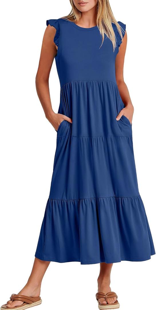 ANRABESS Women Summer Casual Ruffle Sleeveless Maxi Dress A-Line Flowy Tiered Beach Long Sundress with Pockets Dark Blue X-Large