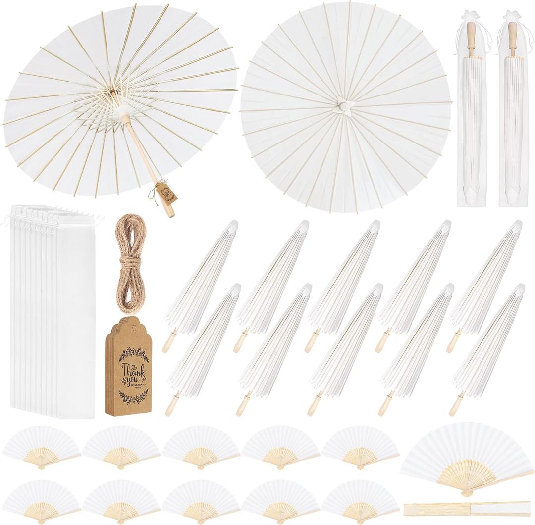 Aodaer 12 Sets Wedding Umbrellas Hand Fans with Thank You Tags Organza Bags, Large size: our paper umbrellas measure approximately 33 inches/84 cm in diameter