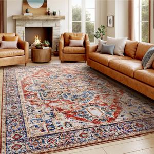 AMADA HOMEFURNISHING 9x12 Washable Area Rug, Low-Profile Large Area Rug with Non-Slip Backing & Durable Edge Binding, Vintage Large Rugs for Living Room, Bedroom & Dinning Room