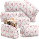Paterr 6 Pcs Quilted Makeup Bag Bulk for Women Girls Birthday Valentine's Day Bridesmaid Gifts Cute Cotton Cosmetic Pouch Bow Floral Coquette Aesthetic Travel Toiletry Bag(Bowknot Rose, Pink)