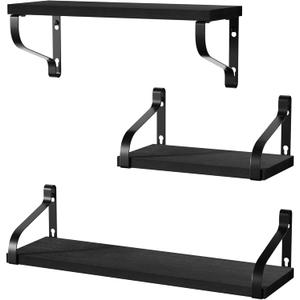 Love-KANKEI Floating Shelves Wall Mounted Rustic Wood Wall Shelves Set of 3 for Bedroom Living Room Bathroom Kitchen Black (Medium)