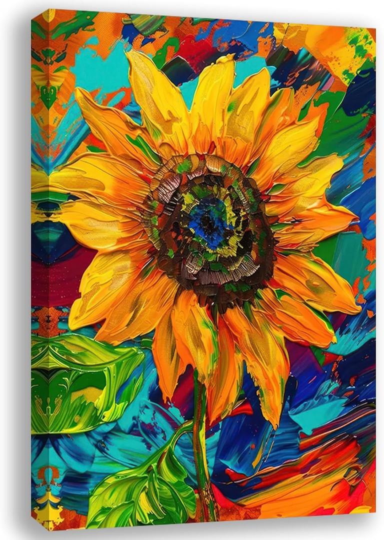 SIXWOOD Colorful Sunflower Canvas Wall Art Abstract Plant Painting Poster Sunflower Picture for Wall Living Room, Bathroom Bedroom Home Room Decoration12*18 in