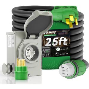 50 Amp Generator Cord 25FT and Power Inlet Box Combo Kit - Pre-Drilled, Waterproof, NEMA 14-50P to SS2-50R, ETL Listed