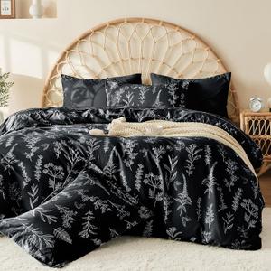 MUXHOMO Duvet Cover Queen Size, Reversible Floral Black Duvet Cover Set with Zipper Closure, 3 Pieces Botanical Patterns Soft Microfiber Bedding Set with 4 Ties (90"x90", 2 Pillow Cases) (01 - Black Leaves (No Comforter))