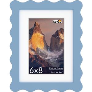 6x8 Wavy Picture Frame with Mat for 4x6, Real Glass and Wooden Frame - Tabletop or Wall Hanging Photo Frame(1 Pack, Blue)