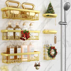 Veken Adhesive Shower Caddy 6-Pack,Gifts for Women Mom,Heavy Weight Bearing,Large Wall Mounted Bathroom Shelves Rack,Organizer Storage Accessories with Soap Dish&Toothbrush Holder,Bright Gold (6-Piece Set for Master Bathroom(Rustproof Upgrade))