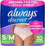 Always Discreet Adult Incontinence Underwear for Women and Postpartum Underwear, Small/Medium, Up to 100% Bladder Leak Protection, 32 Count