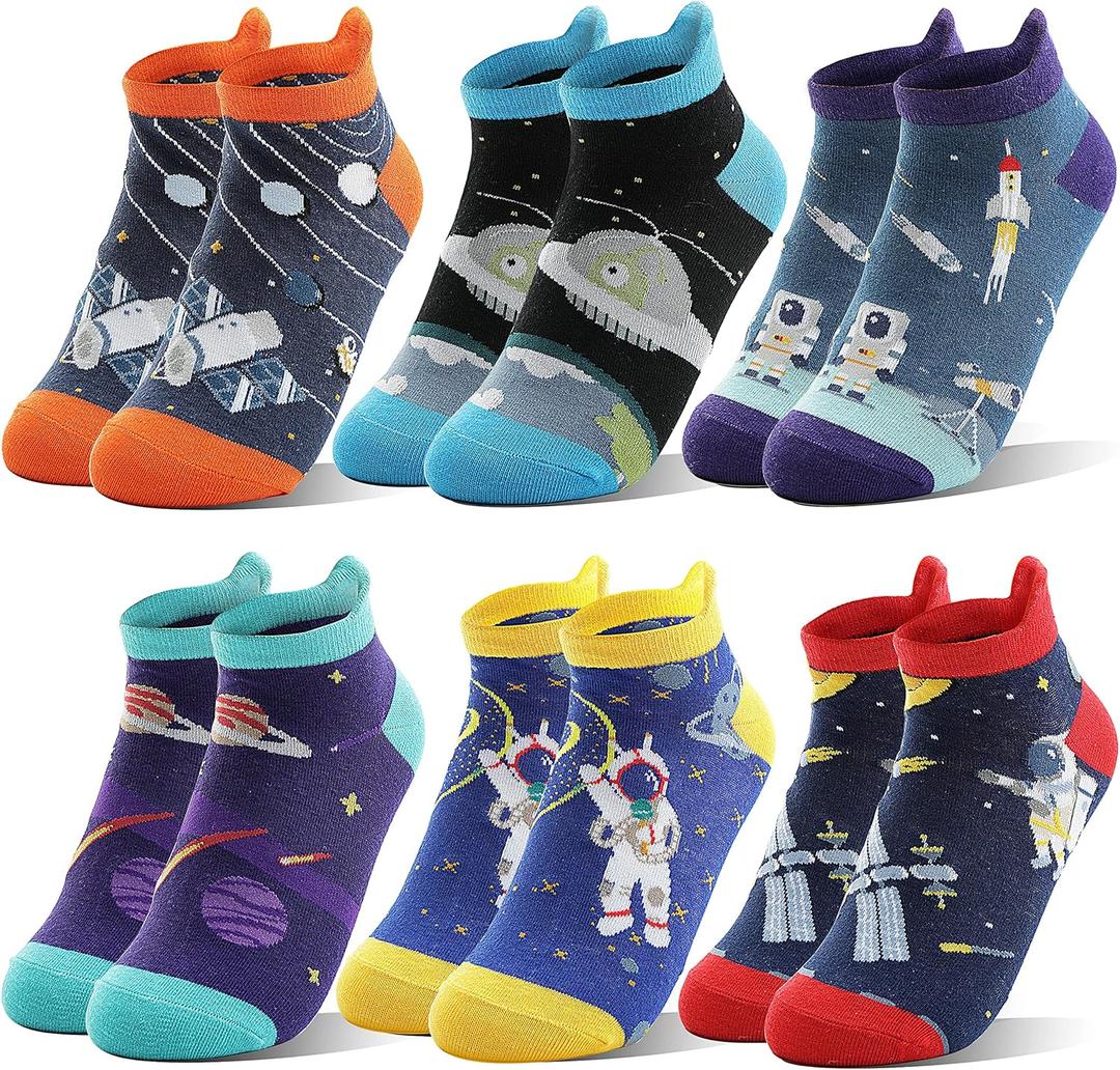 Kids Boys Ankle Socks No Show Low Cut Funny Cute Cartoon Novelty Cotton Socks 6 Pairs (5-8 Years, Space)
