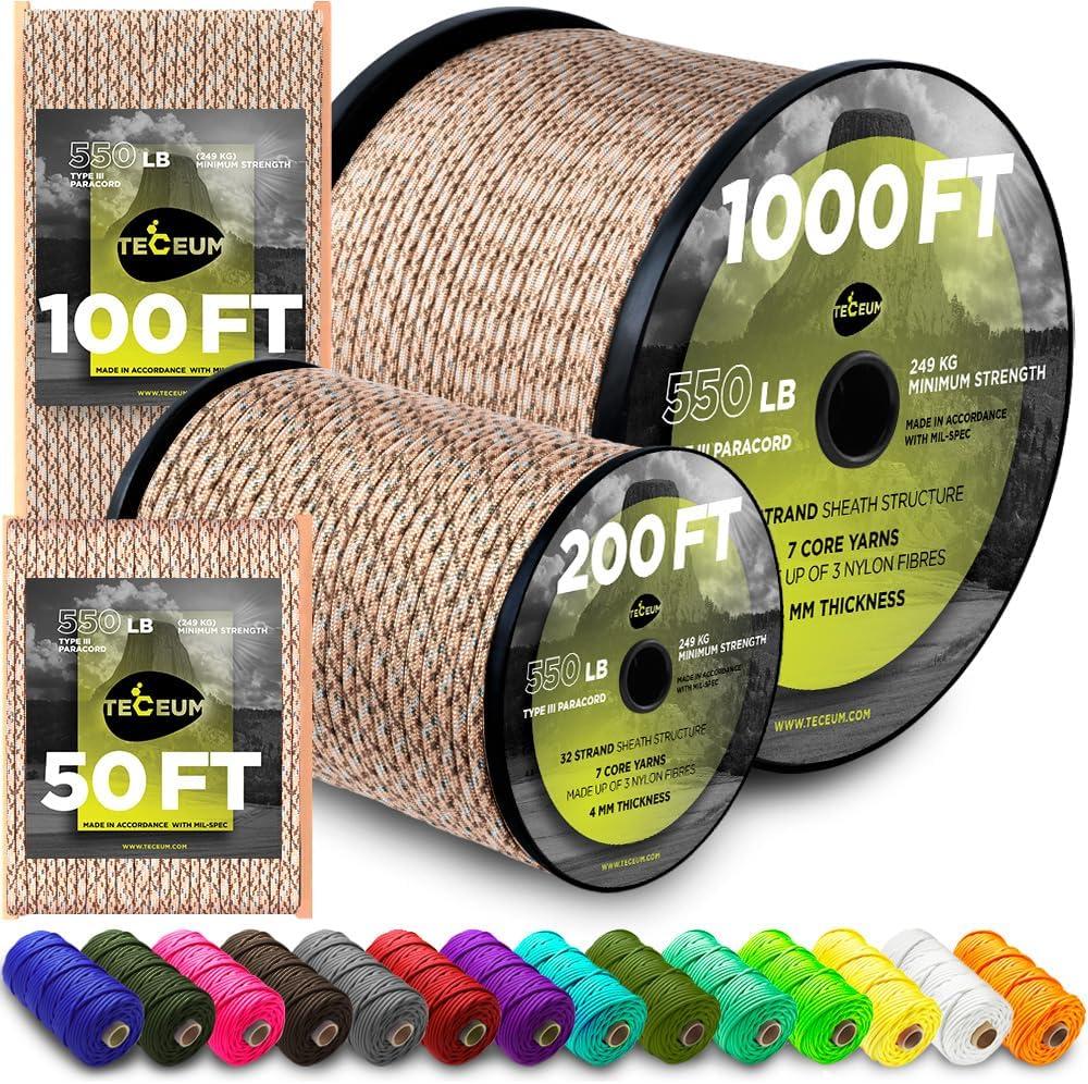 TECEUM 5/32" Paracord Rope 1000  1000ft / 200ft / 100ft / 50ft  Tactical Parachute Cord 4mm  45+ Colors  Nylon String for Survival & Camping Gear  Stripe Cord for Survival  Utility Rope (Desert Camo)