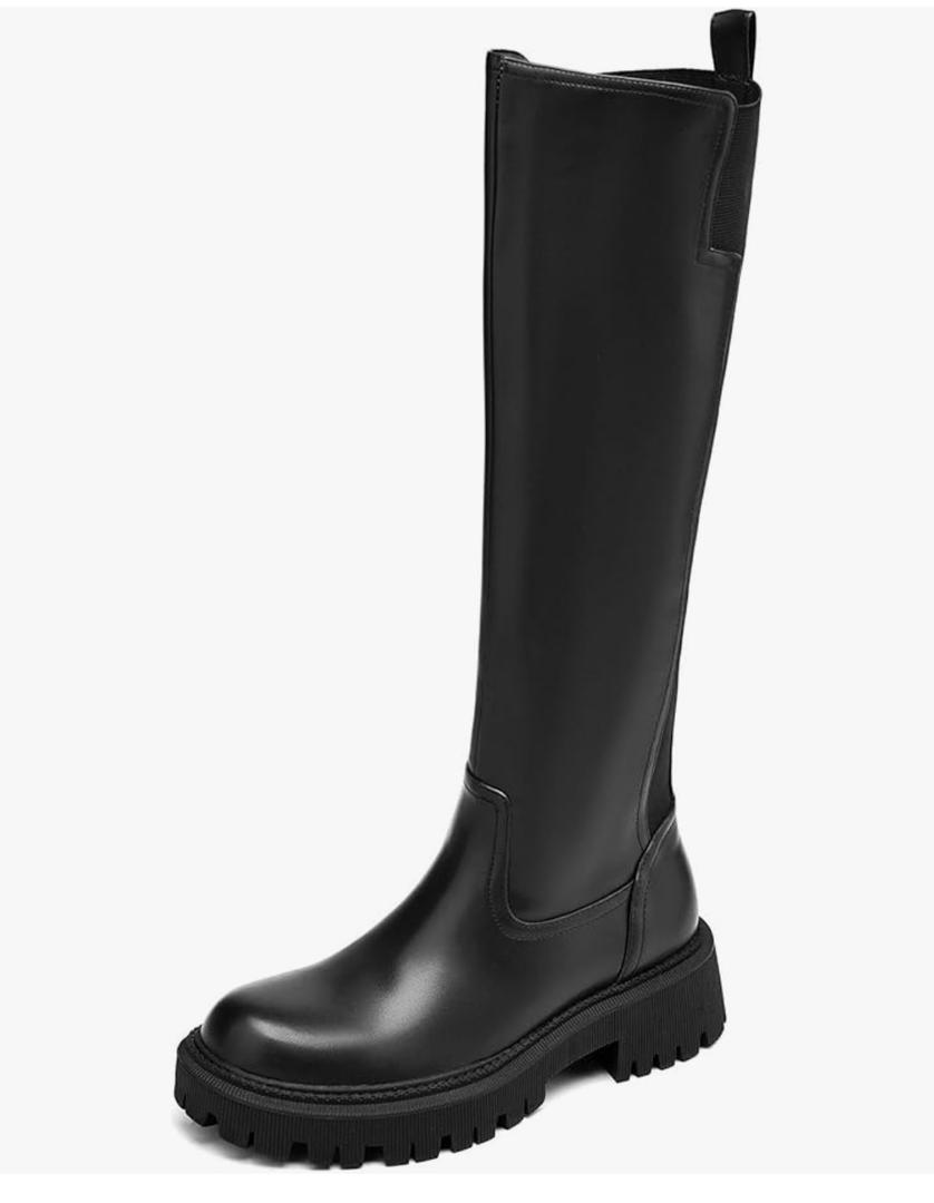 TEAIEU Knee High Boots for Women, Platform Chunky Block Low Heel Tall Boots, Round Toe Side Zipper Fall Long Boots for Dress, Stretch Calf, Comfortable Size 40 (8)