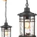 Large Hanging Porch Light 12.4 Inch Dusk to Dawn Outdoor Pendant Light with Water Ripple Glass Waterproof Outdoor Hanging Lantern Light with Adjustable Chain E26 Socket (Black)