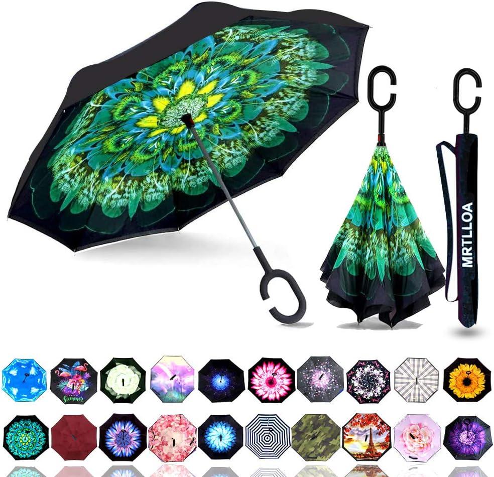 MRTLLOA 40/ 49/ 56 Inch Oversize Windproof Inverted Reverse Upside Down Umbrella, Golf Size Rain Umbrella, Double Layer, C-Shaped Handle for Men, Women and Kids(Green Peacock, 49 Inch)