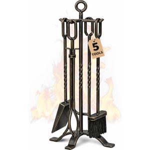 AMAGABELI GARDEN & HOME 5 Pieces Fireplace Tools Sets Wrought Iron Fireplace Set Antique Brass Copper with Poker Tongs Broom Shovel Stand Indoor Fire Place Kit Wood Stove Hearth Accessories Gold