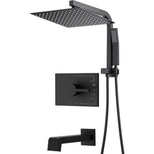 Black Shower Head and Handle Set, Black Shower Faucet Set with 12 Inch Shower Heads with Handheld Spray Combo and Tub Spout, Shower Systems with Rain Shower and Handheld (Valve Included)