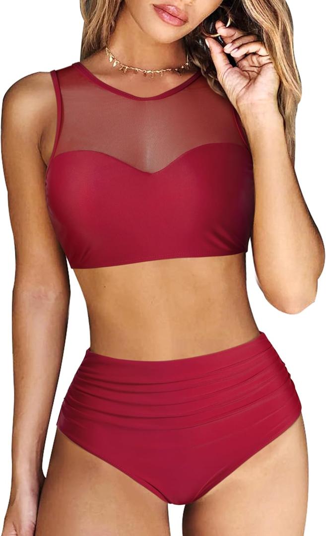 RXRXCOCO Women Mesh Two Piece Swimsuit High Waisted Bikini Set Ruched Tummy Control Bathing Suits (Small, 066# Red)