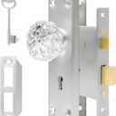 Mortise Lock Set for Interior Door - Vintage Crystal Glass Door Knobs with Skeleton Key & Brushed Nickel Finish 2 Pack