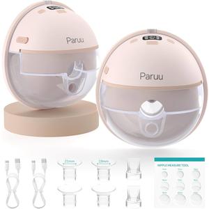 Paruu Hands Free Breast Pump P16, Wearable Breast Pump Electirc Portable with 4 Modes & 12 Levels, Max 309mmHg Strong Suction 19/21/24mm Flange Inserts Wearable Breastfeeding Pump, 2 Pack（Nude