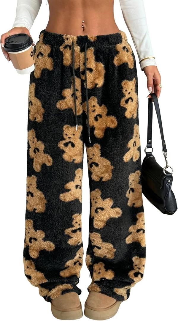 ZAFUL Women's Fuzzy Plush Pajama Pants Drawstring Elastic Waist Wide Leg Teddy Pj Bottoms Lounge Pants (Large, 0-black Bear)