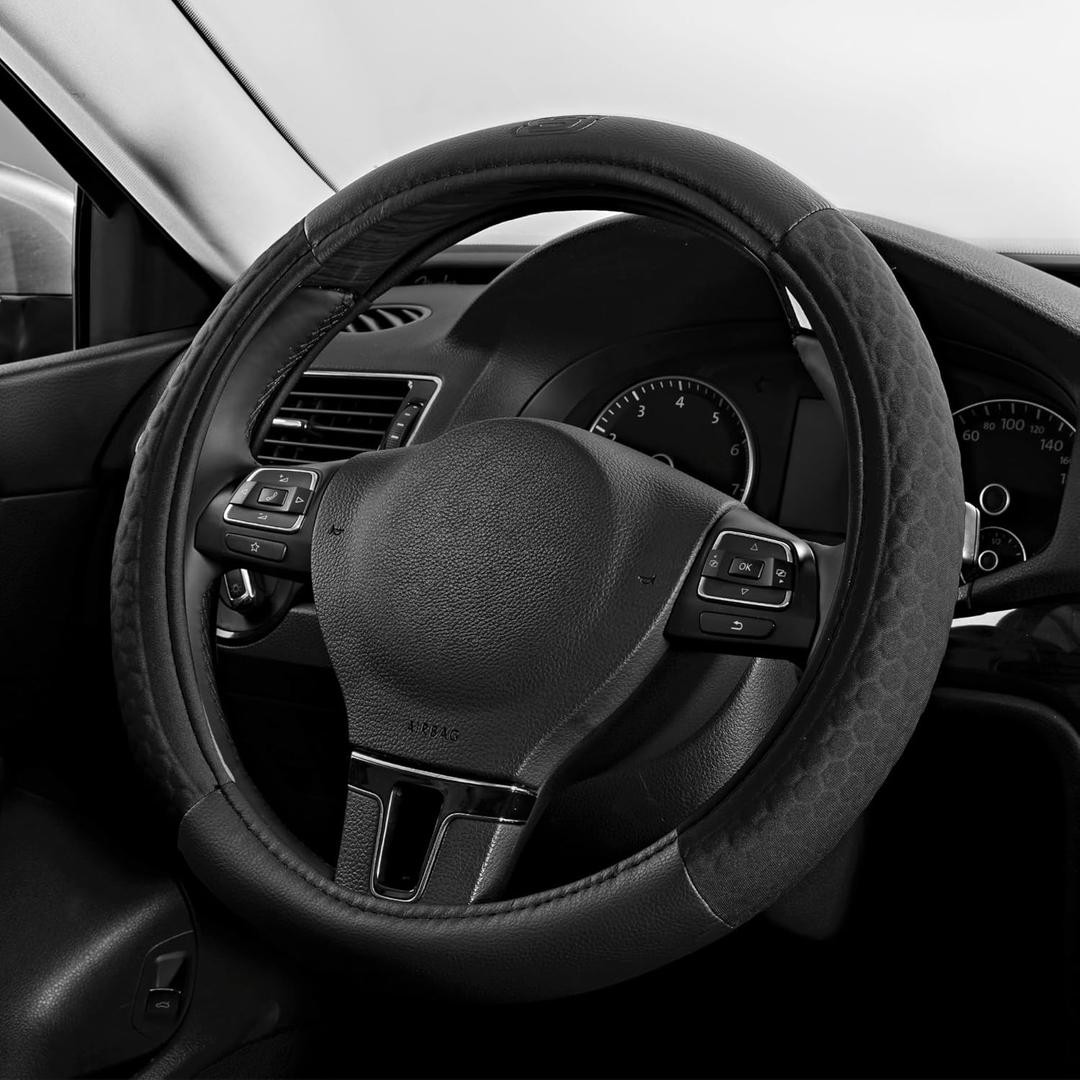 Skechers Steering Wheel Cover,Leather Steering Wheel Cover Hexcomb Design Embedded TPE Steering Wheel Universal Fit 14" 1/2-15" Car Wheel Protector for Men Women Fit Suvs,Vans,Sedans,Car,Trucks,Black