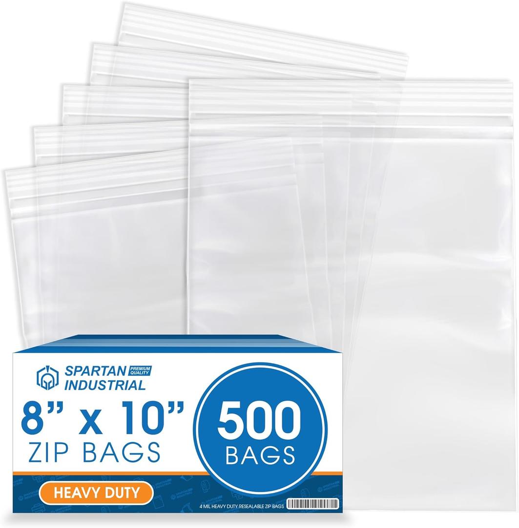Spartan Industrial - 8 X 10 (500 Count) Thick 4 Mil Clear Reclosable Zip Plastic Poly Bags with Resealable Lock Seal Zipper - Heavy Duty and Durable