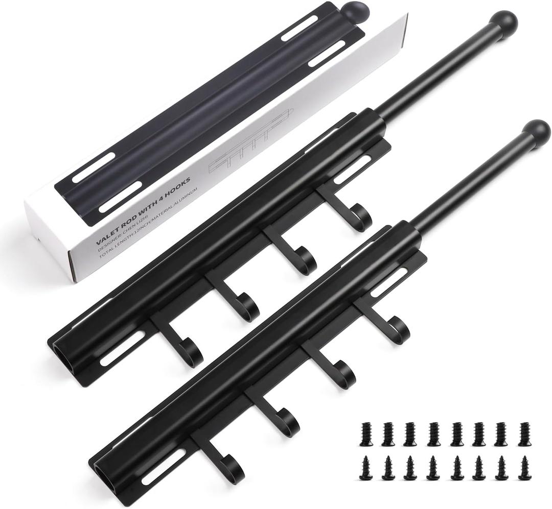 BaiNong 12" Valet Rod for Closet Pull Out With 4 Hooks Valet Rods for Closets (2Pack Black) Closet Valet Rod Slide Out