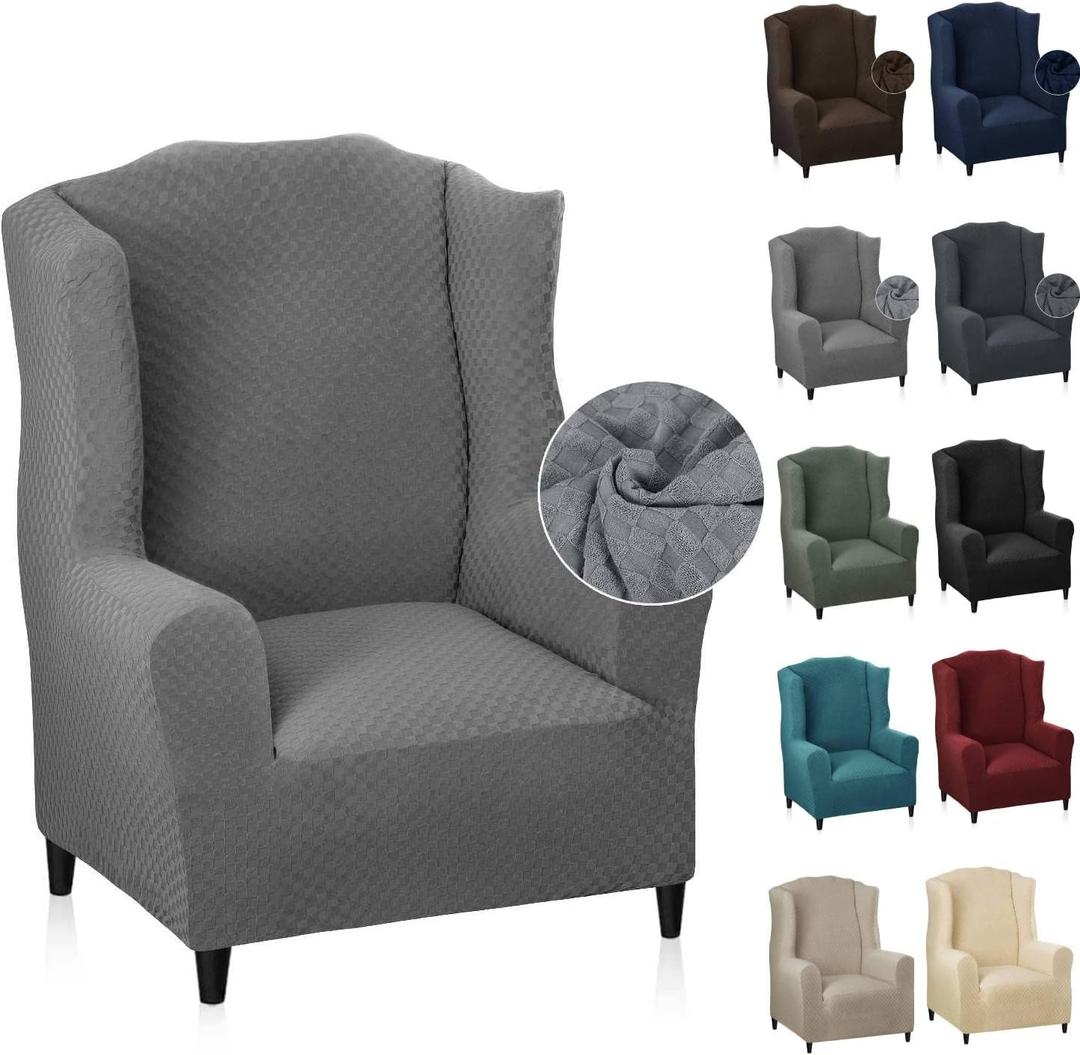 MAXIJIN Wingback Chair Covers 1-Piece Stretch Wing Chair Covers Soft Thick Wingback Armchair Slipcover Non-Slip High Back Chair Furniture Protector Washable (Wing Chair, Light Gray)