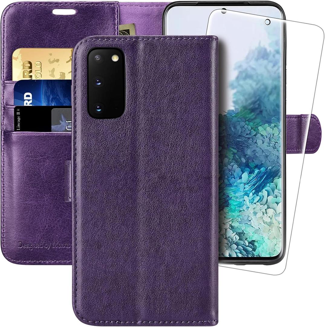 MONASAY Wallet Case Fit for Samsung Galaxy S20 5G, 6.2 inch, [Screen Protector Included] Flip Leather Cell Phone Cover with RFID Blocking Credit Card Holder, Purple