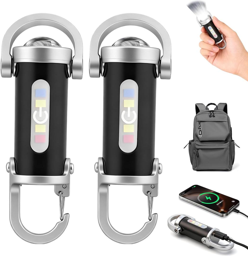 2PCS Rechargeable Keychain Flashlights, Portable Rechargeable Bright Keychain Flashlight Phone Charger for Camping, 1200lm, 7 Lighting Modes (2Pcs)