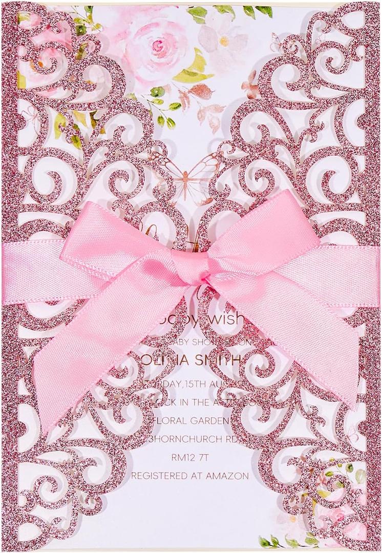 50Pcs Pink Glitter Wedding Invitations With Envelopes and RSVP Cards and Pink Ribbon Laser Cut Invitation Kits For Wedding Bridal Shower Quinceanera Invite