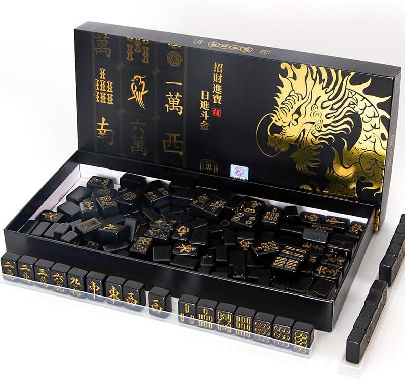 IWUTEFET [Portable Mahjong] Travel Pack 144pcs of Black Golden Mahjong,Includes 2 Dice / 4 Mahjong Fixing Slots,as Halloween Mahjong, Full Size for On-The-Go Fun & Table Games