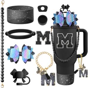 Hpebl 9PCS Black for Stanley Cup Accessories Set Bling Initials Bow Charms for Stanley Decorations 30/40 Oz Tumbler Accessories Including Bow Straw Topper, Handle Strap, Spill StopperLetter M