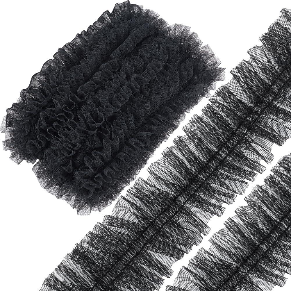 GORGECRAFT 10 Yards 6cm Wide Pleated Lace Edge Trim Embroidery Ruffle Organza Mesh Chiffon Ribbon Gathered Tulle Fabric Applique Edging Trimmings for Sewing Bridal Dress Costume Decoration Craft Black