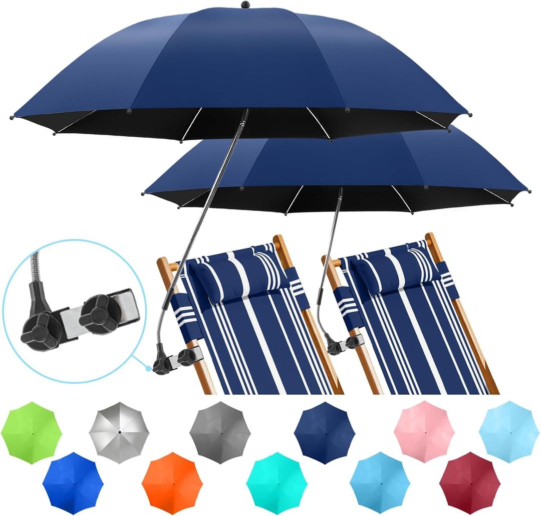 2 PACK Beach Umbrella with Clamp, 360 ° Adjustable Umbrellas for Chair, UPF50+ Umbrella for Beach Chair, Patio Chair, Wheelchair, Camping Chair, Golf Carts (Chair Not Included)