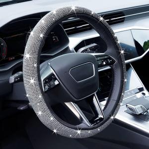 Bling Rhinestone Steering Wheel Cover with Crystal Diamond for Women, Sparkling Car Wheel Protector Universal Fit 14-15 inches - White