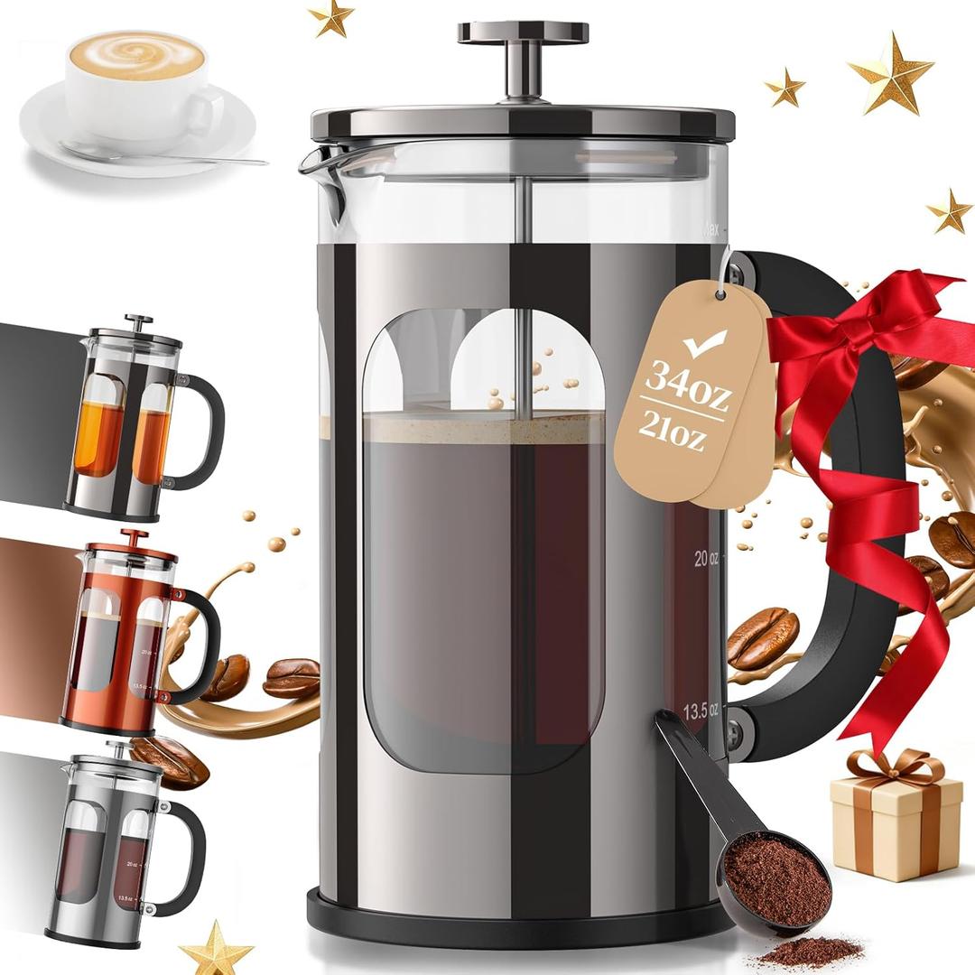 Veken French Press Coffee Maker 34oz,No Plastic Touching Cafe,Thickened Borosilicate Glass Stainless Steel Brewer,Cold Brew Cafetera Teapot for Kitchen Travel Camping,Gifts,Bar Accessories,Dark Pewter