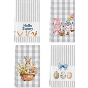 Buffalo Plaid Easter Kitchen Towels,Cute Rabbit Bunny Eggs Dish Towels Set of 4, Funny Gray Hand Towels 17x27 Inch,Spring Farmhouse Home Decoration, Floral Basket Tea Cloths (Easter-Gray)