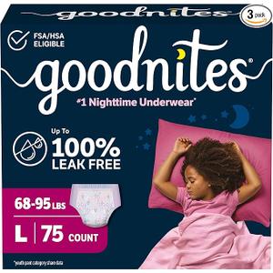 Goodnites Girls' Nighttime Bedwetting Underwear, Size Large (68-95 lbs), 75 Ct (3 Packs of 25)