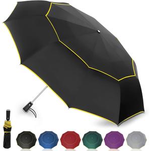 Satol Extra Large Golf Umbrella, 46/54/62 Inch Windproof 10 Ribs Vented Double Canopy Reflective Strips Automatic Open/Close Waterproof UV Protection Portable Compact Umbrella for Outdoor & Travel (Black Oval Handle)