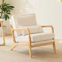 Karl home Mid Century Modern Accent Chair with Lumbar Pillow & Oak Arms  Plush Linen Fabric Living Room Chair for Bedroom, Lounge, Natural White