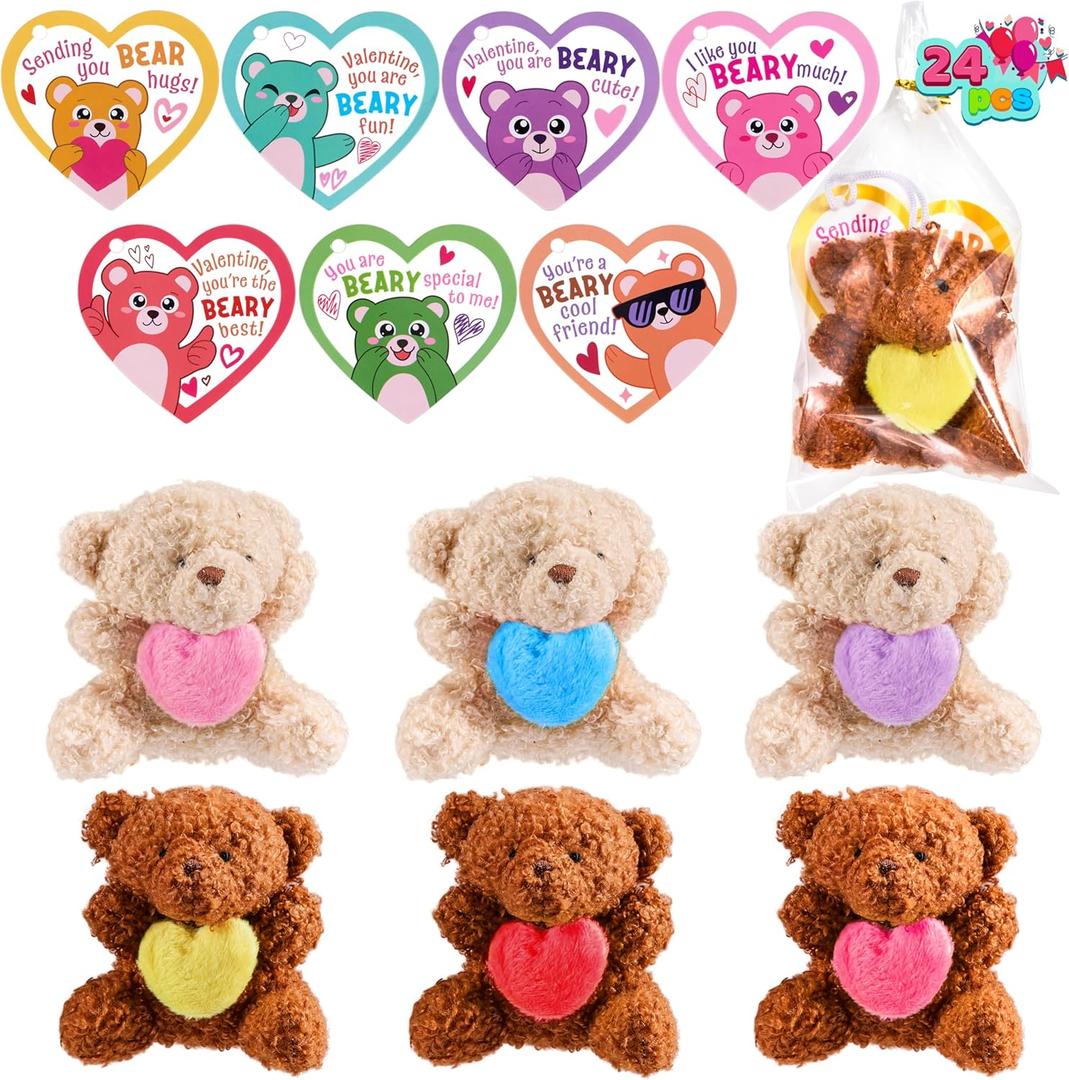 JOYIN 24 Pcs Valentine's Day Bear Holding Hearts Plush Toys with Cards, Stuffed Bears with Heart Shaped Cards, Valentines Day Gifts for Kids Boy Girl Classroom Prize Goodie Bag Stuffers Party Favor
