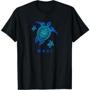 Maui Hawaii T-Shirt Sea Blue Tribal Turtle T-Shirt (Small, Black)