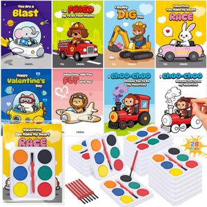 Valentines Day Cards for Kids School, 28 Pack Watercolor Paint Sets with Greeting Cards, Valentines Day Gifts for Kids Classroom Prize Exchange Gifts, Valentine Party Favors for Boys Girls