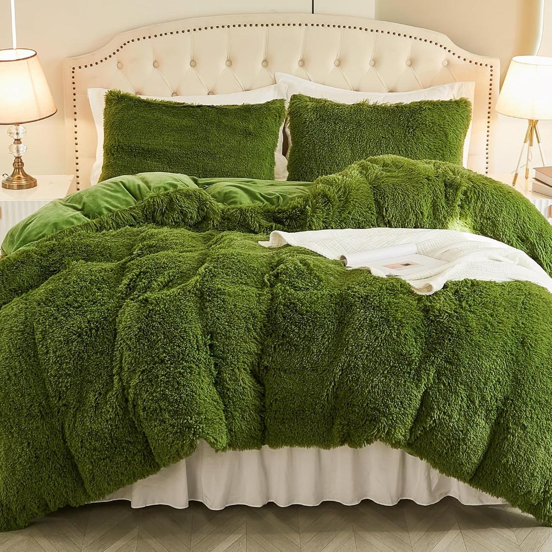 EMME Luxury Green Fuzzy Duvet Cover Set Queen Size 3 Pieces Fluffy Comforter Cover Set for Queen Bed Shaggy and Plush Soft Bedding Duvet Covers (Green, Queen)
