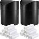 2 Pcs Desk Trash Can with Swing Lids, 12 Rolls of Trash Bags, 2L Brushed Stainless Steel Countertop Garbage Bin Small Wastebasket with Lid for Office Desk, Coffee Table (Black)