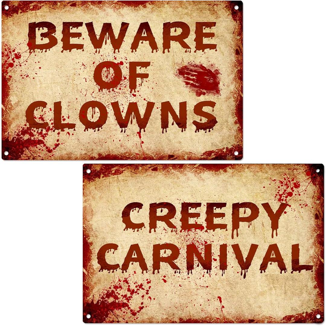 2 Pcs Terrifying Halloween Clown Metal Signs, CREEPY CARNIVAL & BEWARE OF CLOWNS Bloody Vintage Warning Signs, Spooky Scary Evil Circus Wall Decor, Indoor Outdoor Carnival Party Yard Event Decoration