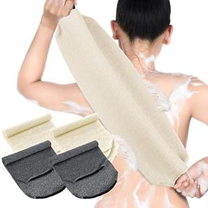 Moukeren Exfoliating Back Scrubber with Handles 4 Pack Nylon Back Exfoliator Extended Length Washers Scrubbers Stretchable Pull Strap Exfoliating Washcloth(Grey, Cream White) Pack of 2