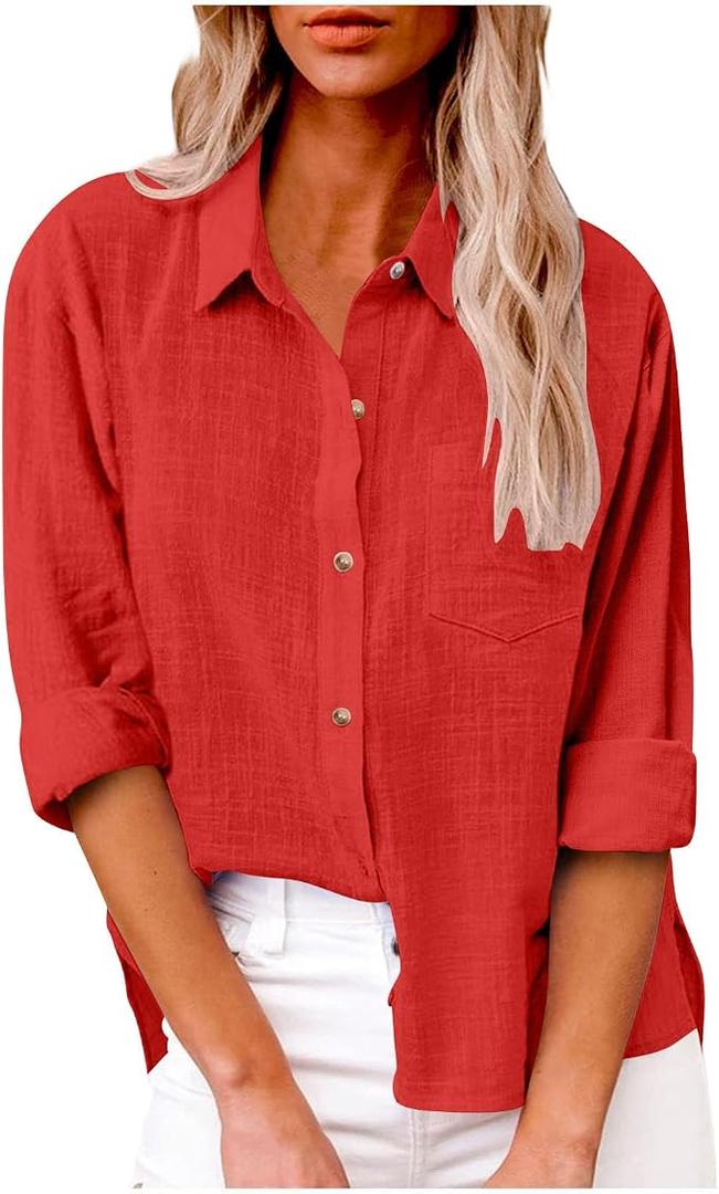 Gauze Tops for Women' Loose Fit Cotton Linen Long Sleeve Top Button Down Casual Collared Blouses with Chest Pocket (XL)