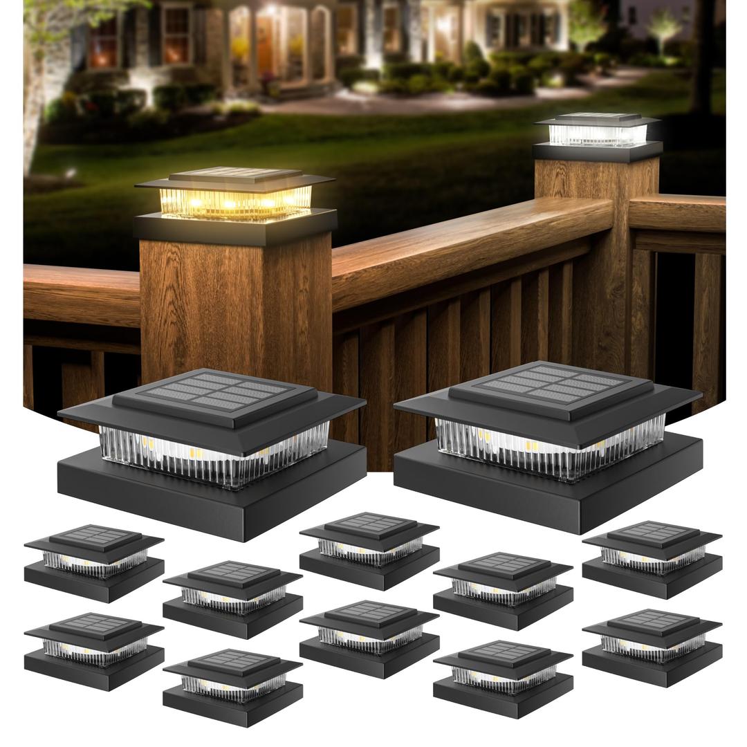 APONUO Solar Post Cap Lights for 4x4 Fence Posts, IP64 Waterproof Outdoor LED Deck Lights with 2 Modes (Warm White & Cool White), Auto On/Off Dusk to Dawn, Easy Install, Black, 8 Pack