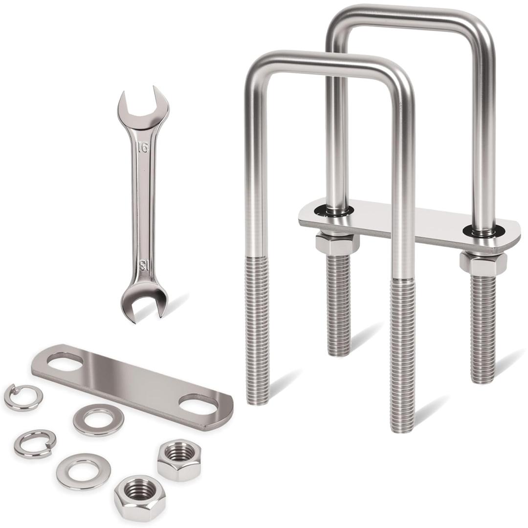 2 Pcs M10 Square U Bolts 2 Inch Wide, 3/8" x 2"W x 5-1/8"L Stainless U Bolt Heavy Duty with Nuts, Bolt Plate and Washers (2, M10 x 2" W x 5-1/8"L)