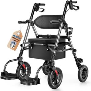 Walkers for Seniors, 2 in 1 Rollator Wheelchairs Combo 10" Big Wheels Walker with Seat, Rollator Transport Chair with Brakes Folding Rolling Walker for Adults, Grey